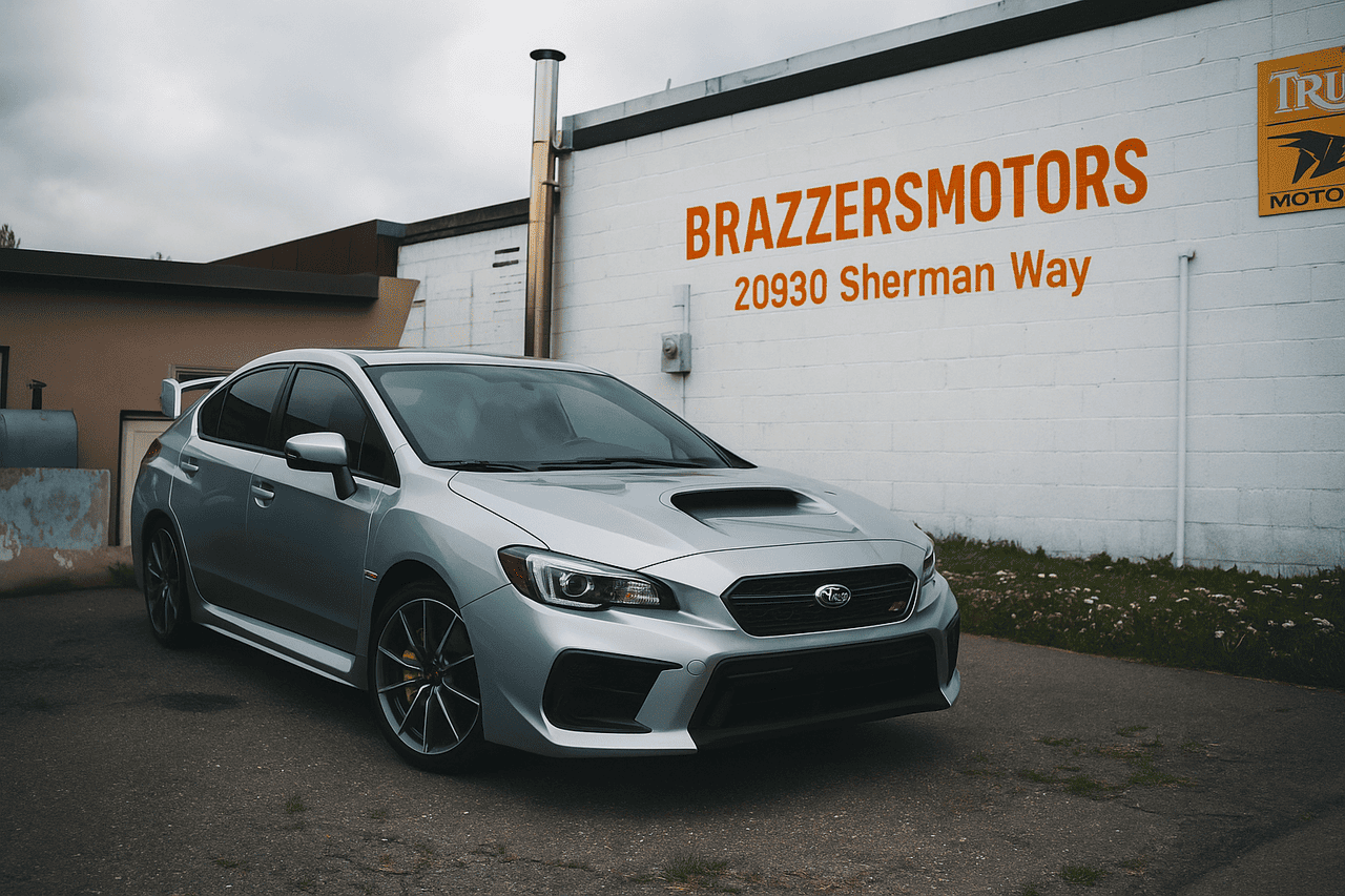 Subaru vehicle parked outside BrazzersMotors auto repair shop in Canoga Park, showcasing car repair services, including suspension and engine repair.