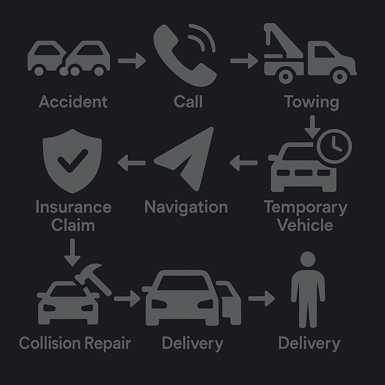 Infographic illustrating the steps involved in accident recovery, featuring icons for accident, call for towing, insurance claim navigation, collision repair, temporary vehicle, and delivery, relevant to auto repair services in Canoga Park.