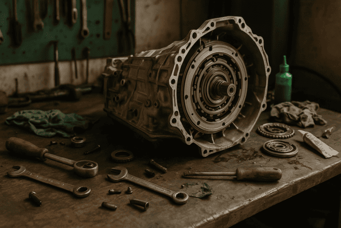 Transmission assembly on a workbench surrounded by tools and parts, representing vehicle repair services and transmission service in Canoga Park.
