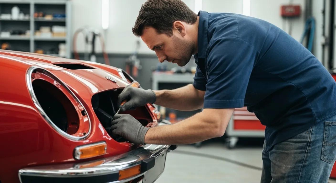 Technician meticulously performing collision repair on a vehicle, emphasizing precision and quality workmanship