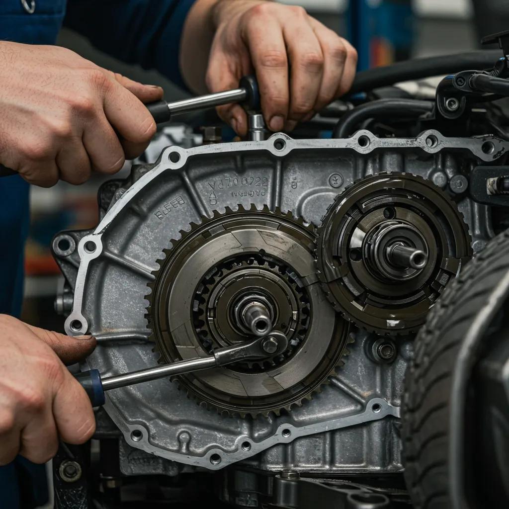 Detailed view of a Subaru CVT transmission undergoing specialized repair, showcasing expert techniques