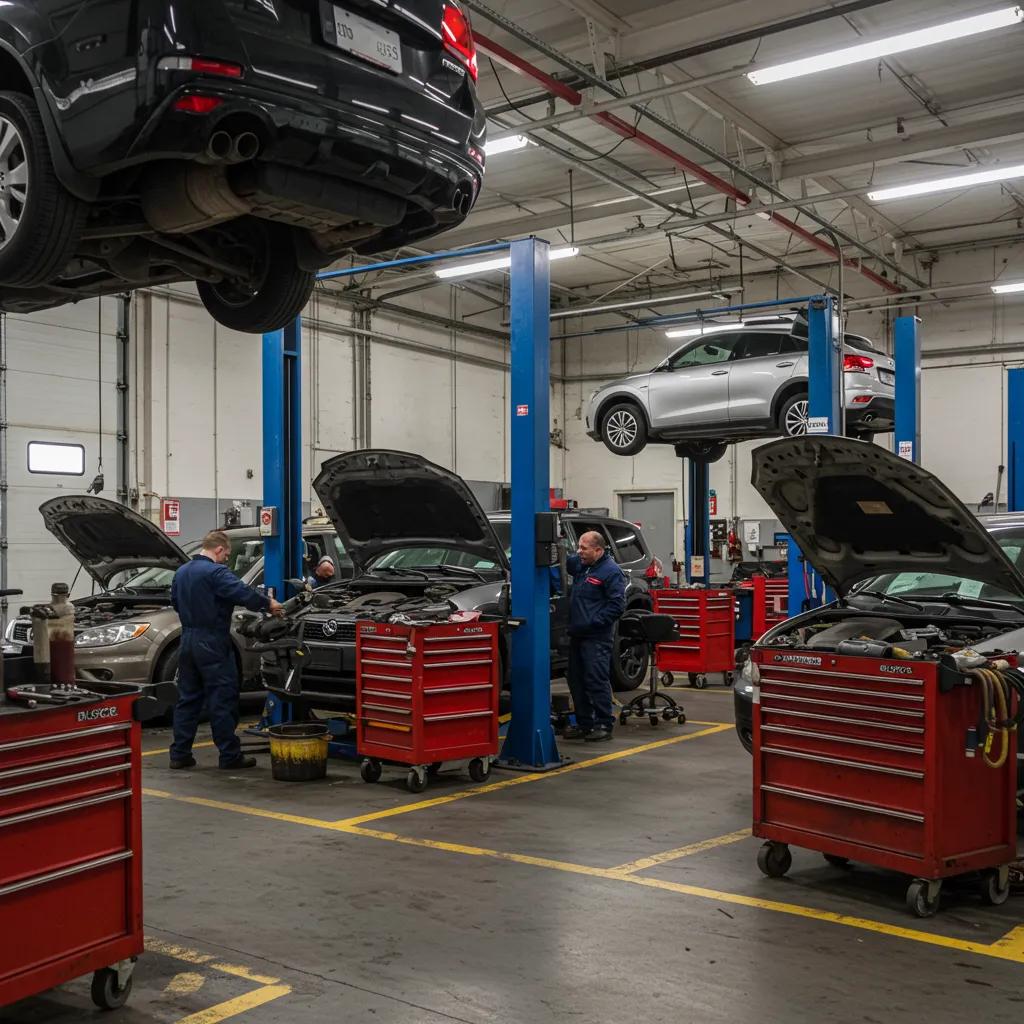 Auto repair shop in Canoga Park with technicians servicing vehicles, showcasing professional car maintenance, vehicle repair services, and full-service auto shop capabilities.